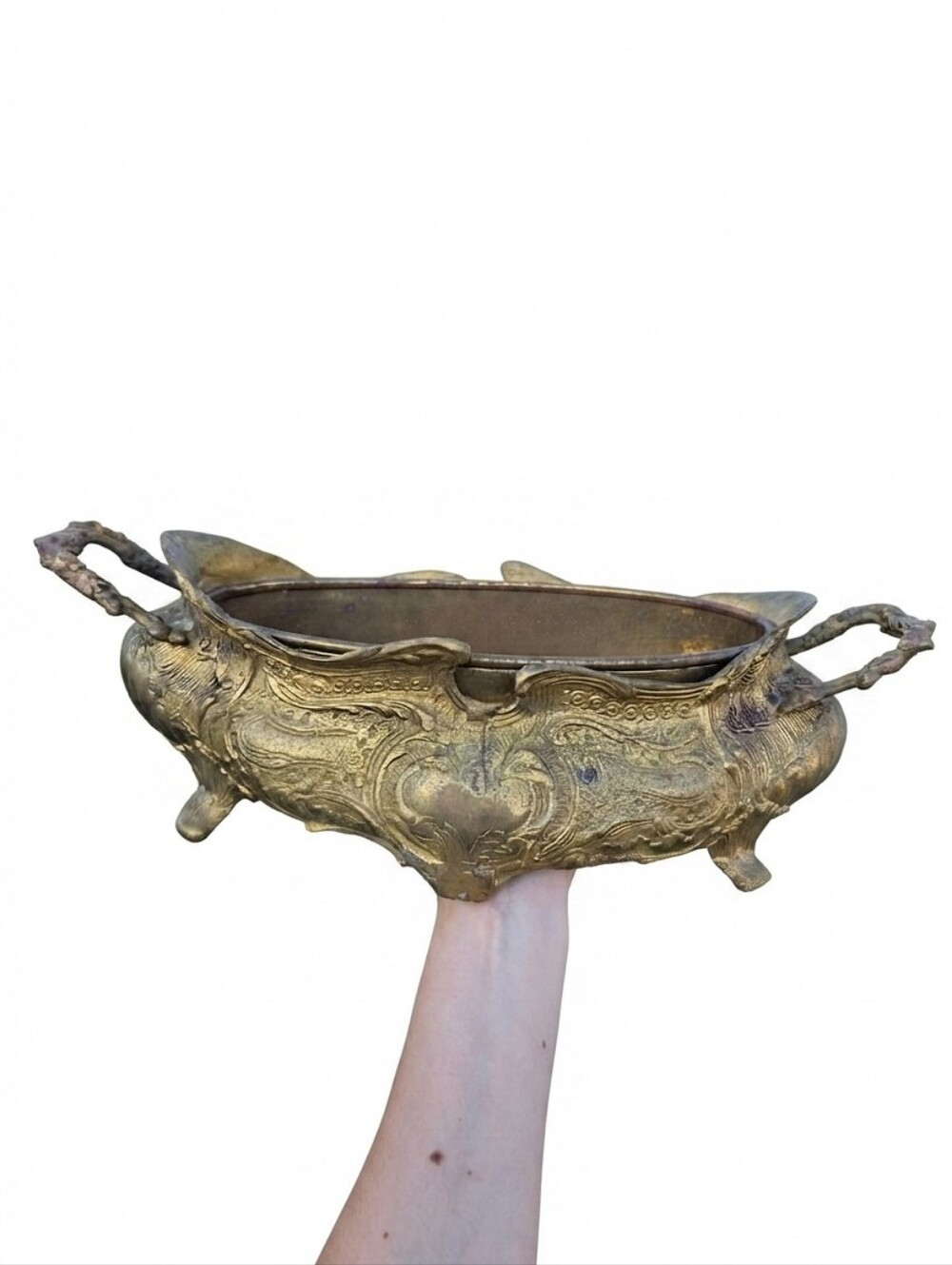 Vintage Heavy Cast Brass Art Nouveau Jardiniere Planter Centerpiece Handles Foot